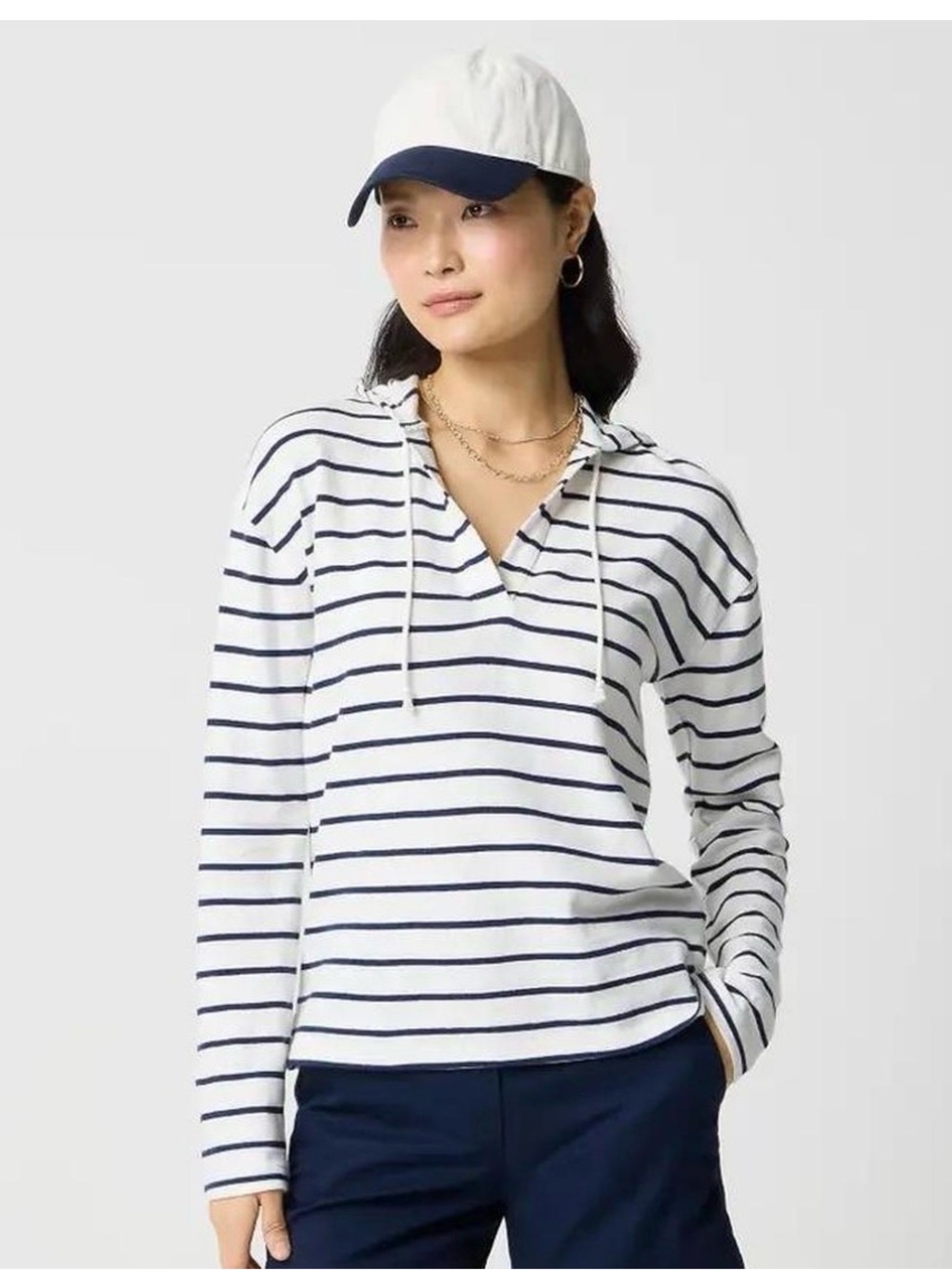 J. Crew Factory White and Navy Striped V-Neck Hoodie